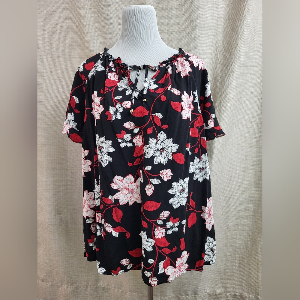 Liz Claiborne Plus Women's Black Red White‎ Floral Print Blouse Size 1X Ruffle